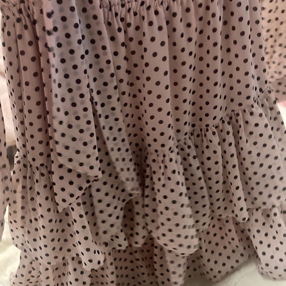 BEBE Bebe Dress Chiffon Mini Ruffled Lined Bow Pink Black Polka Dot - Picture 4 of 5